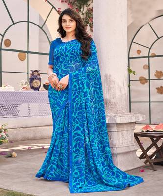 Blue Color Georgette Printed Saree With Piping Border And Fancy Printed Blouse Piece 1