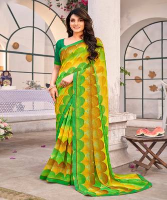 Multicolor Georgette Printed Saree With Piping Border And Fancy Printed Blouse Piece 1