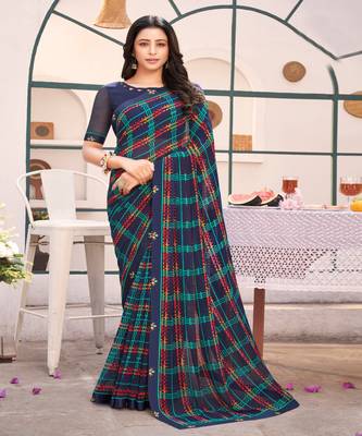 Multicolor Georgette Printed Saree With Piping Border And Fancy Printed Blouse Piece 1