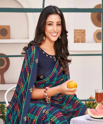 Multicolor Georgette Printed Saree With Piping Border And Fancy Printed Blouse Piece 2
