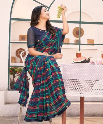 Multicolor Georgette Printed Saree With Piping Border And Fancy Printed Blouse Piece 3