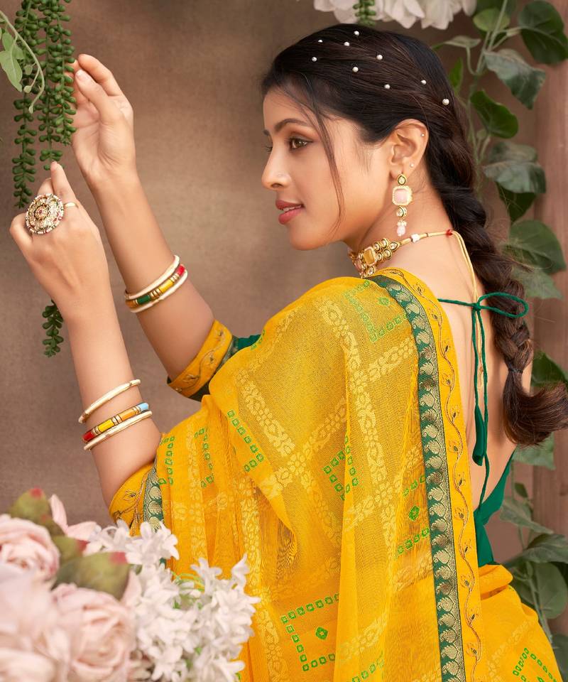 Yellow Color Brasso Saree With Attached Woven Border And Blouse Piece
