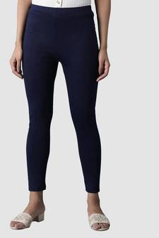 Navy Blue Solid Ankle Length Plus Legging