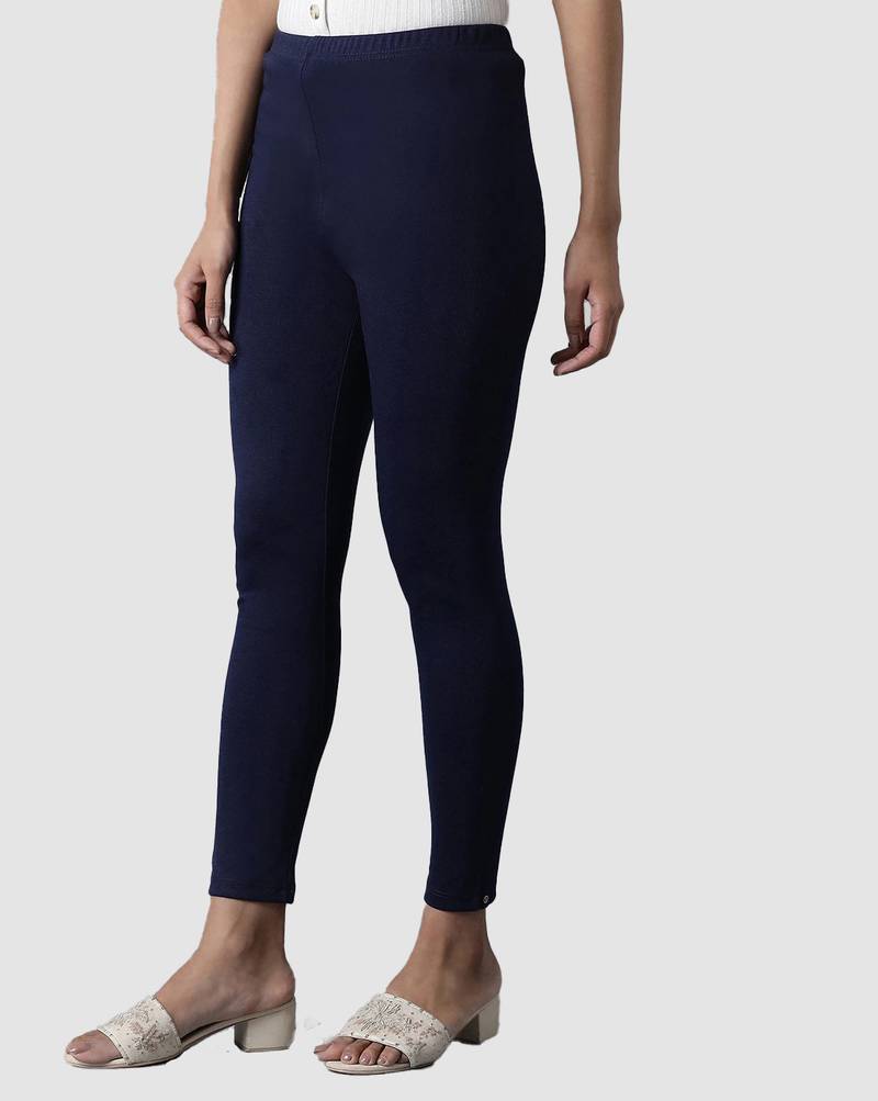 Navy Blue Solid Ankle Length Plus Legging