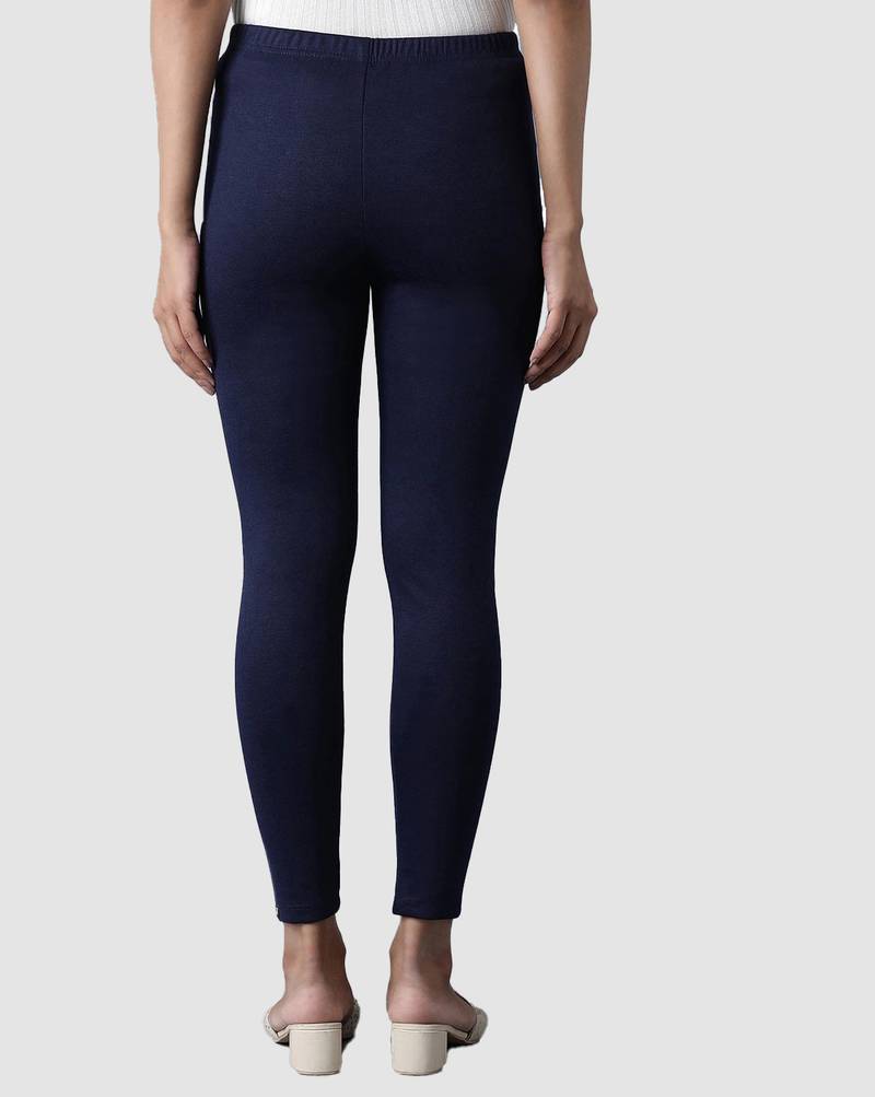 Navy Blue Solid Ankle Length Plus Legging