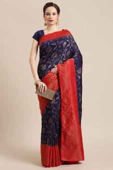 Navy blue hand woven dupion silk saree with blouse