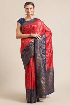 Red hand woven dupion silk saree with blouse