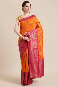 Orange hand woven dupion silk saree with blouse