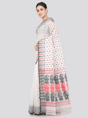 Pinkloom Women'S White Hand_Woven Soft Cotton Jamdani-Sarees Without Blouse Piece 2