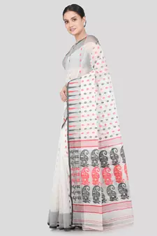 Pinkloom Women'S White Hand_Woven Soft Cotton Jamdani-Sarees Without Blouse Piece