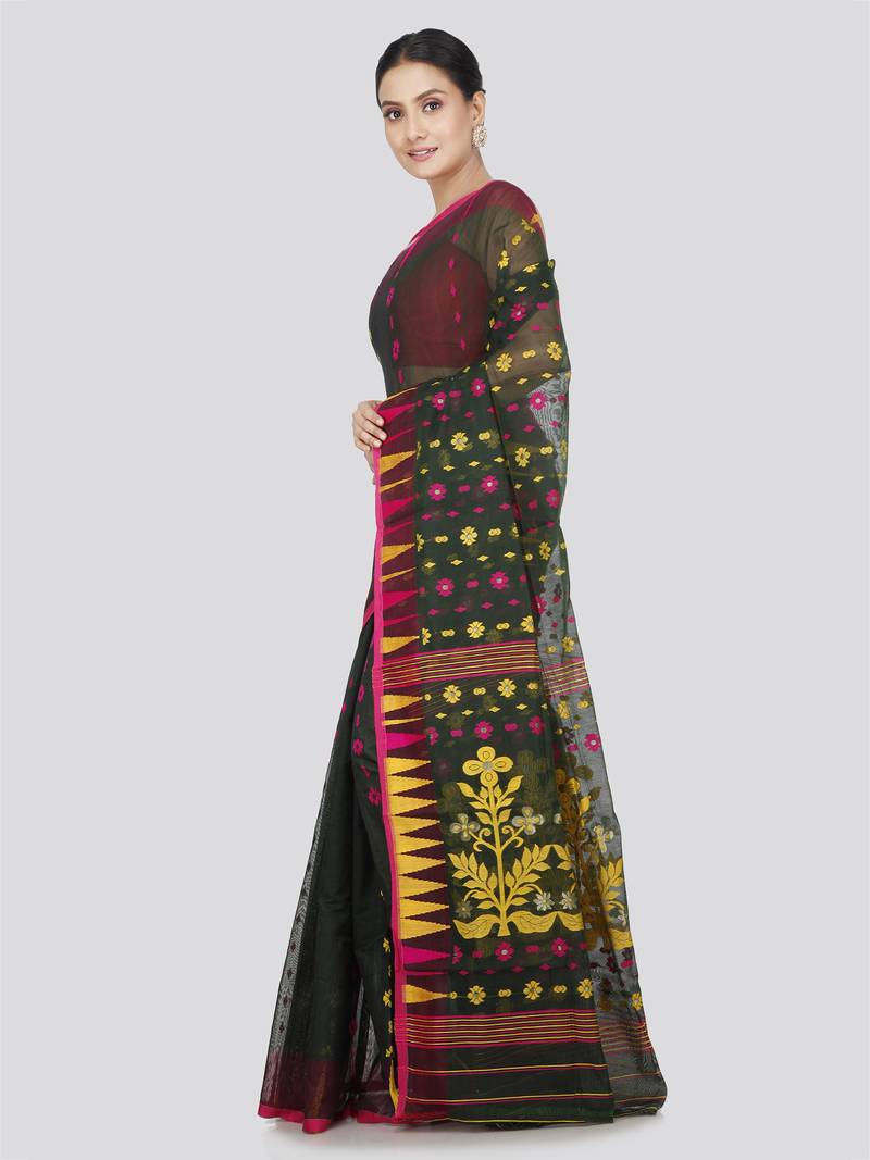 Pinkloom Women'S Green Hand_Woven Soft Cotton Jamdani-Sarees Without Blouse Piece