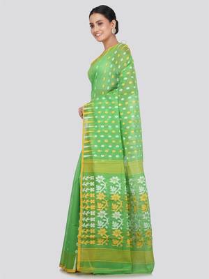 Pinkloom Women'S Green Hand_Woven Soft Cotton Jamdani-Sarees Without Blouse Piece 2
