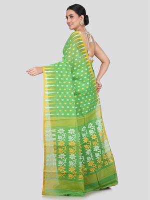 Pinkloom Women'S Green Hand_Woven Soft Cotton Jamdani-Sarees Without Blouse Piece 3