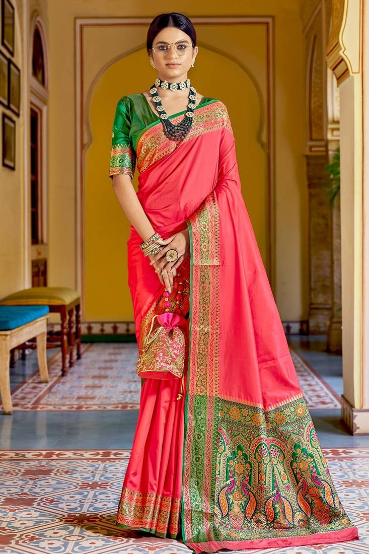 Pink Soft Banarasi Plain Silk Saree With Weaving Work