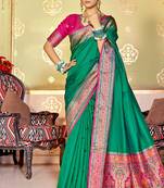 Teal Green Soft Banarasi Plain Silk Saree With Weaving Work