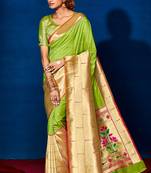 Parrot Green Paithani Saree with Zari Weaving Work