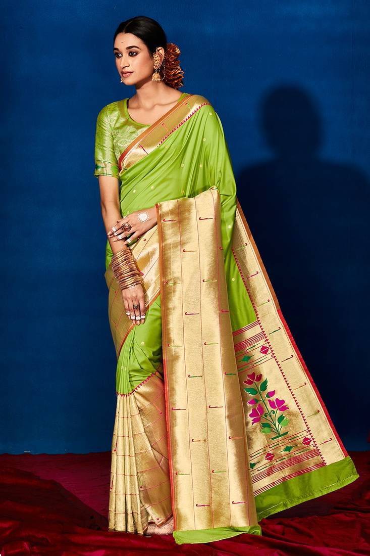 Parrot Green Paithani Saree with Zari Weaving Work