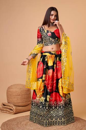 Trendmalls Satin Silk Embroidery Sequence with Heavy Digital Print Party Semi-stitched Latest Lehenga Choli With Dupatta