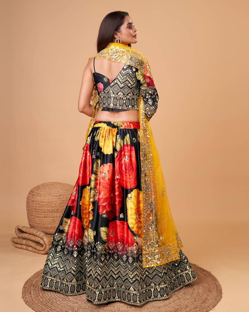 Trendmalls Satin Silk Embroidery Sequence with Heavy Digital Print Party Semi-stitched Latest Lehenga Choli With Dupatta