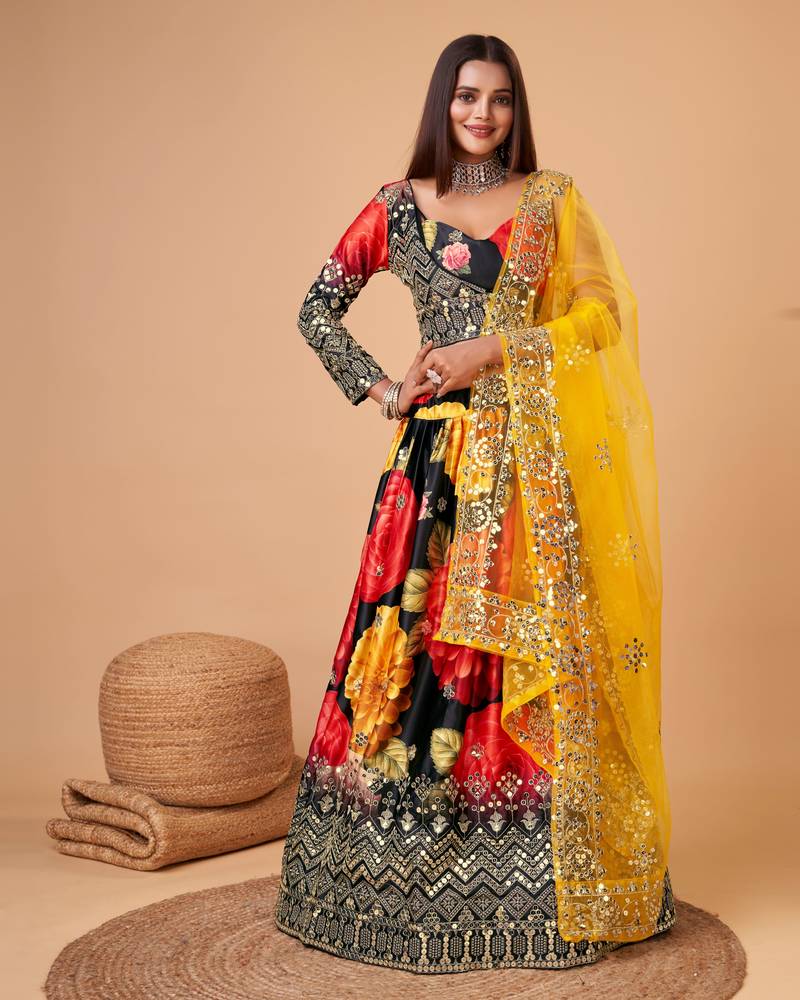 Trendmalls Satin Silk Embroidery Sequence with Heavy Digital Print Party Semi-stitched Latest Lehenga Choli With Dupatta