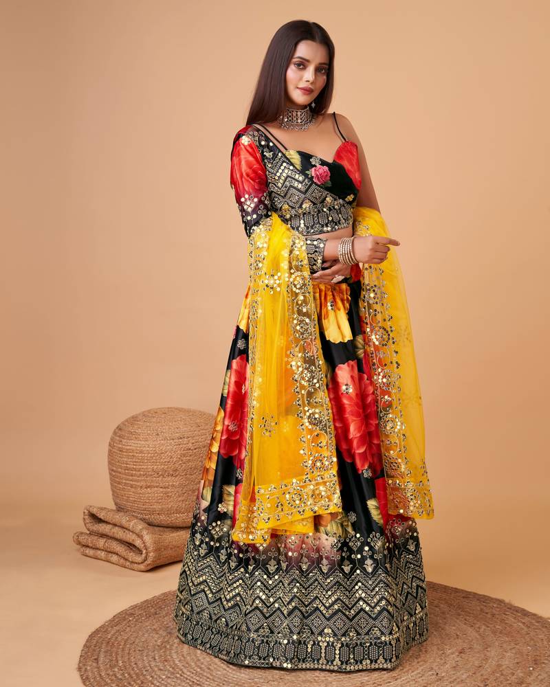 Trendmalls Satin Silk Embroidery Sequence with Heavy Digital Print Party Semi-stitched Latest Lehenga Choli With Dupatta