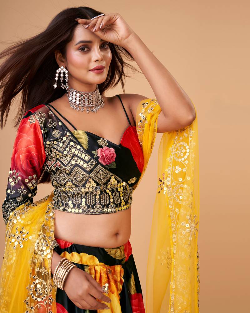 Trendmalls Satin Silk Embroidery Sequence with Heavy Digital Print Party Semi-stitched Latest Lehenga Choli With Dupatta
