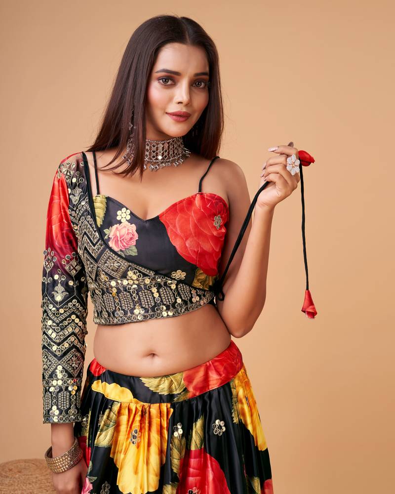 Trendmalls Satin Silk Embroidery Sequence with Heavy Digital Print Party Semi-stitched Latest Lehenga Choli With Dupatta