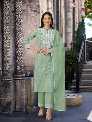 Trendmalls Green Cotton Embroidered Paper mirror Work Party Wear Kurta Pant with Dupatta Salwar Suit Set 1
