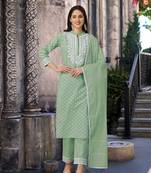 Trendmalls Green Cotton Embroidered Paper mirror Work Party Wear Kurta Pant with Dupatta Salwar Suit Set