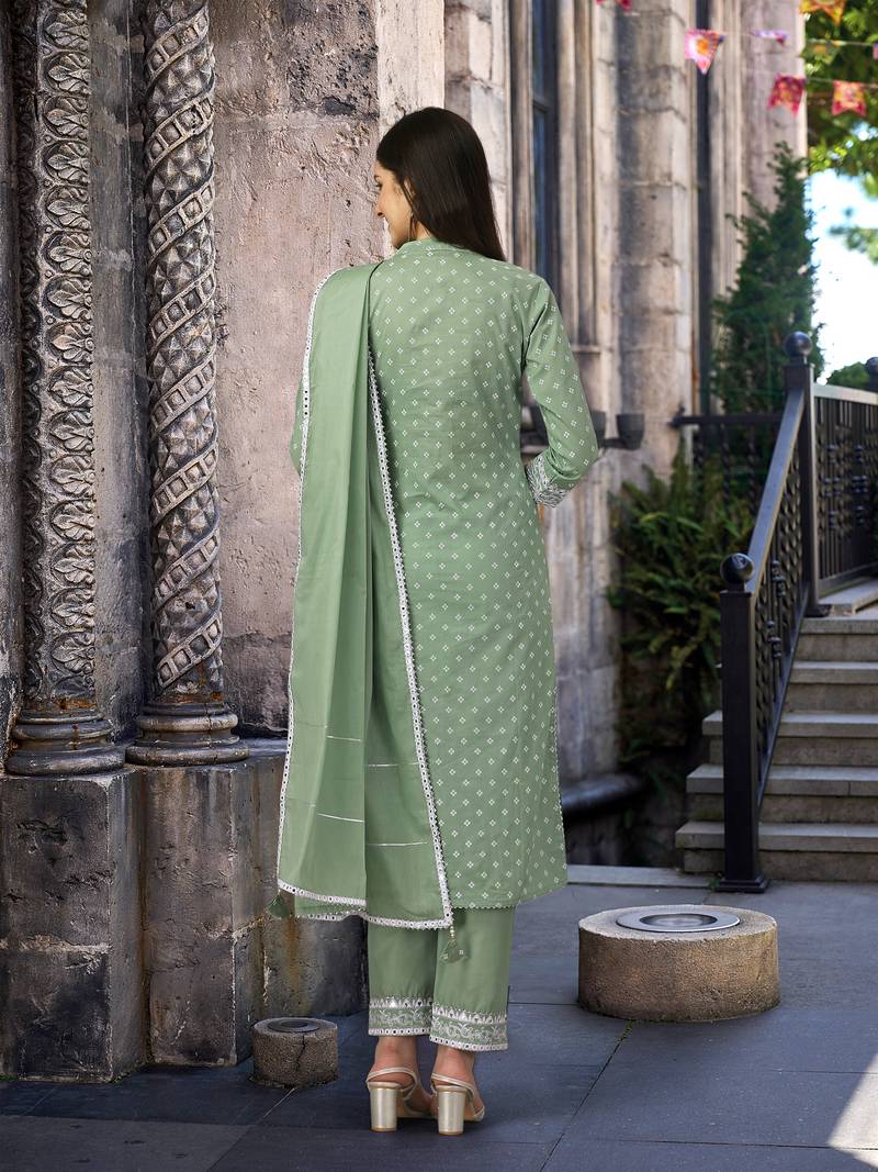 Trendmalls Green Cotton Embroidered Paper mirror Work Party Wear Kurta Pant with Dupatta Salwar Suit Set