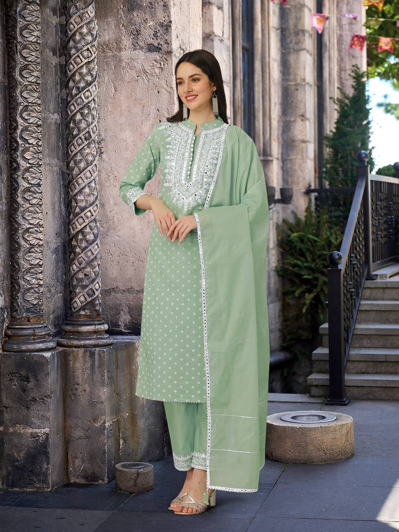 Trendmalls Green Cotton Embroidered Paper mirror Work Party Wear Kurta Pant with Dupatta Salwar Suit Set