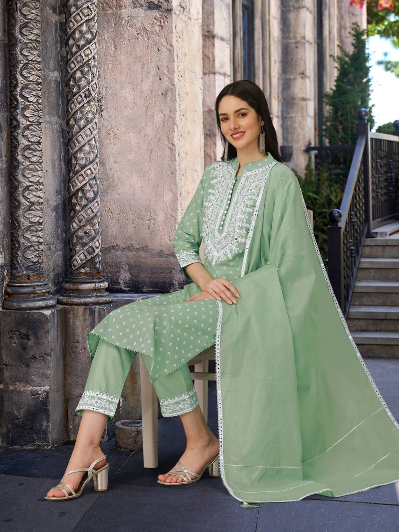 Trendmalls Green Cotton Embroidered Paper mirror Work Party Wear Kurta Pant with Dupatta Salwar Suit Set
