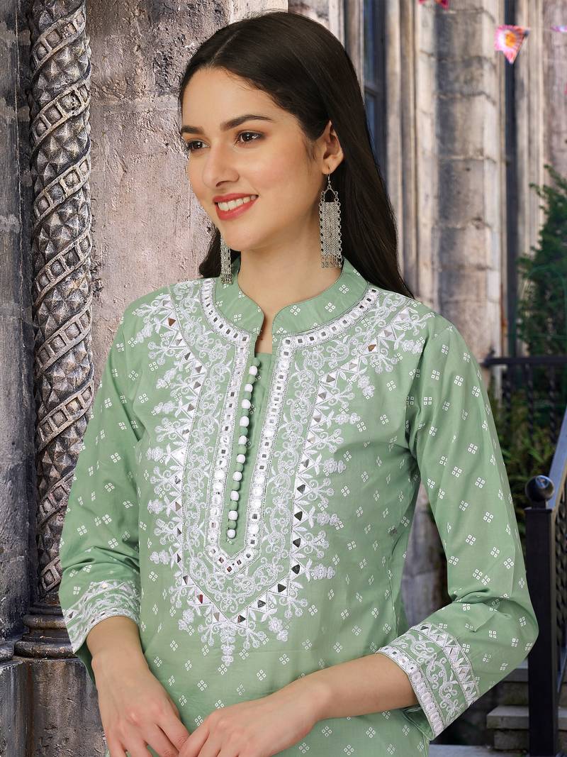 Trendmalls Green Cotton Embroidered Paper mirror Work Party Wear Kurta Pant with Dupatta Salwar Suit Set