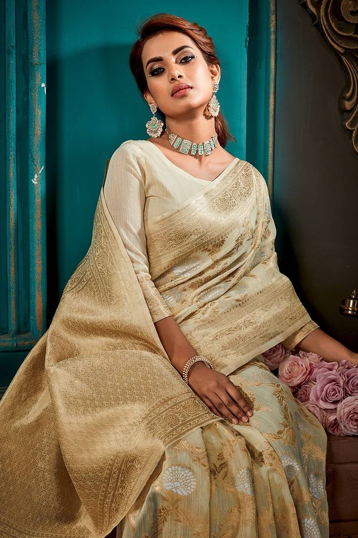 Off White Linen Silk Saree With Zari Weaving Work