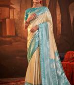 Cream & Sky Blue Kanjivaram Silk Saree With Weaving Work