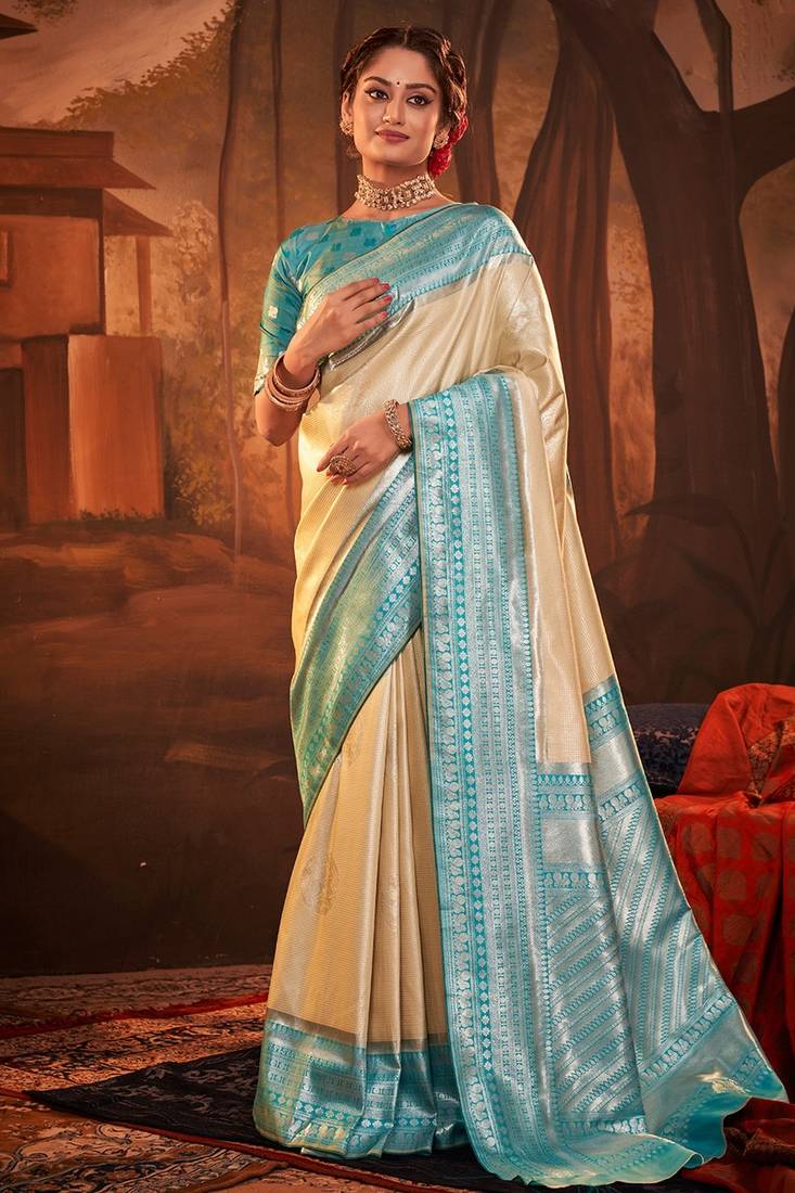 Cream & Sky Blue Kanjivaram Silk Saree With Weaving Work