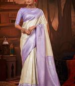 Cream & Light Purple Kanjivaram Silk Saree With Weaving Work