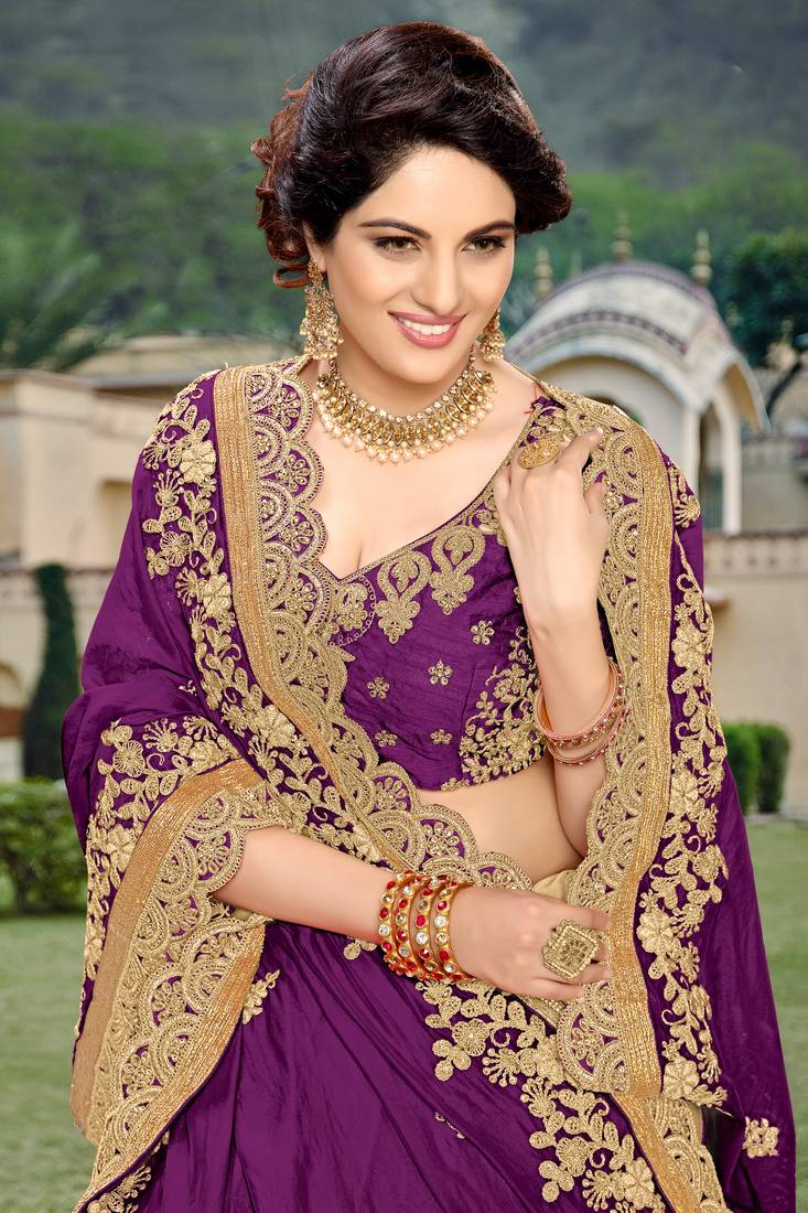 Trendmalls Purple Embroidered Silk Party Wear Saree With Blouse