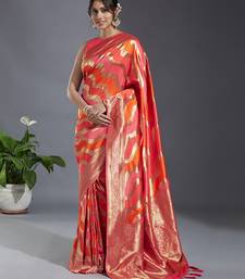 Orange Zari Woven Banarasi Saree with Contrast Peacock Motif Border