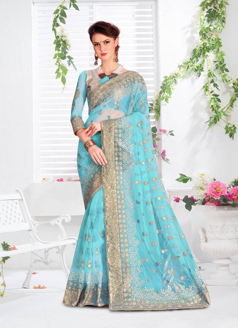 Trendmalls Womens Sky Blue Net Heavy Embroidery work Party Wear Saree With Blouse