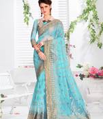 Trendmalls Womens Sky Blue Net Heavy Embroidery work Party Wear Saree With Blouse