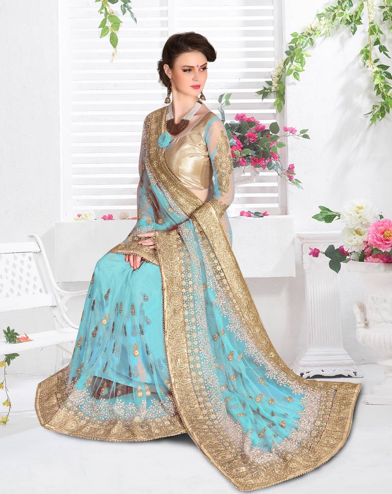 Trendmalls Womens Sky Blue Net Heavy Embroidery work Party Wear Saree With Blouse