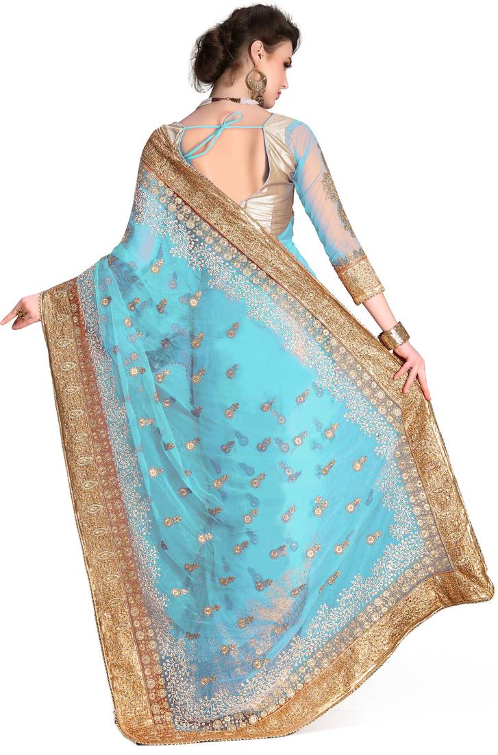 Trendmalls Womens Sky Blue Net Heavy Embroidery work Party Wear Saree With Blouse