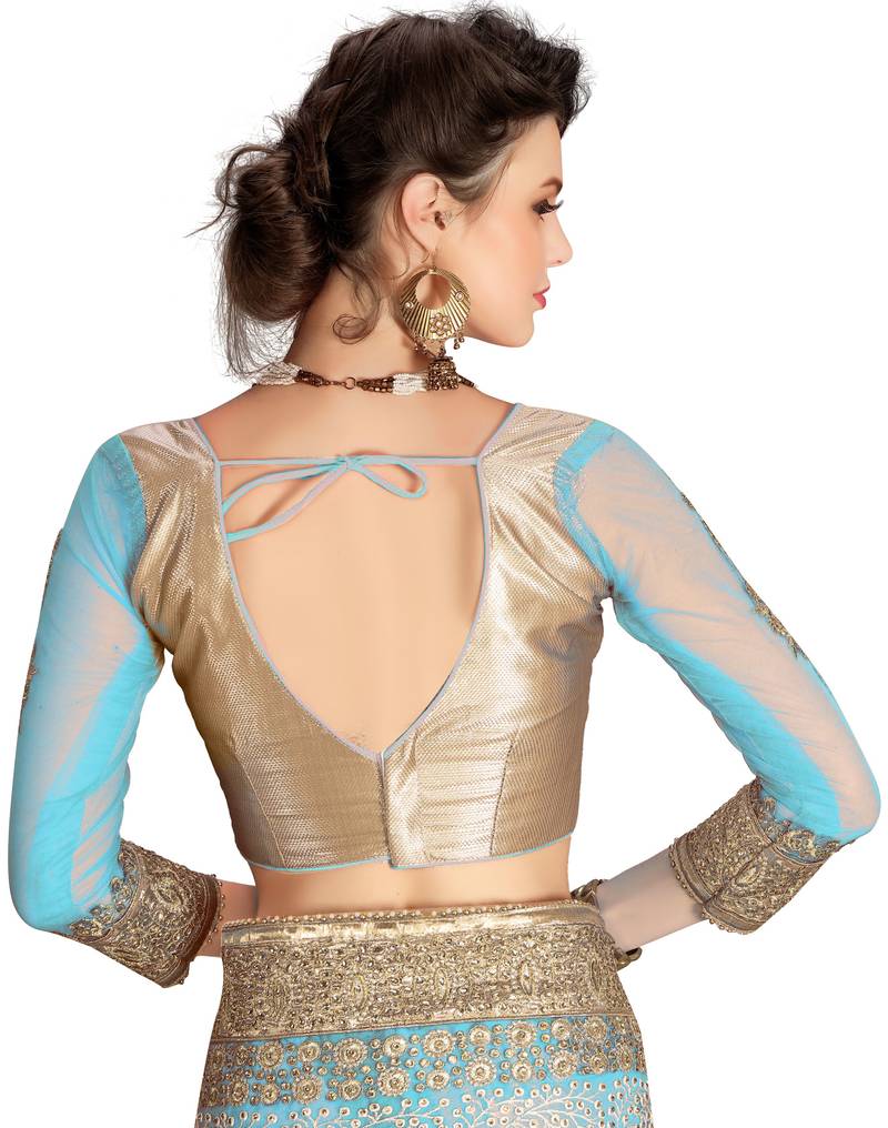 Trendmalls Womens Sky Blue Net Heavy Embroidery work Party Wear Saree With Blouse