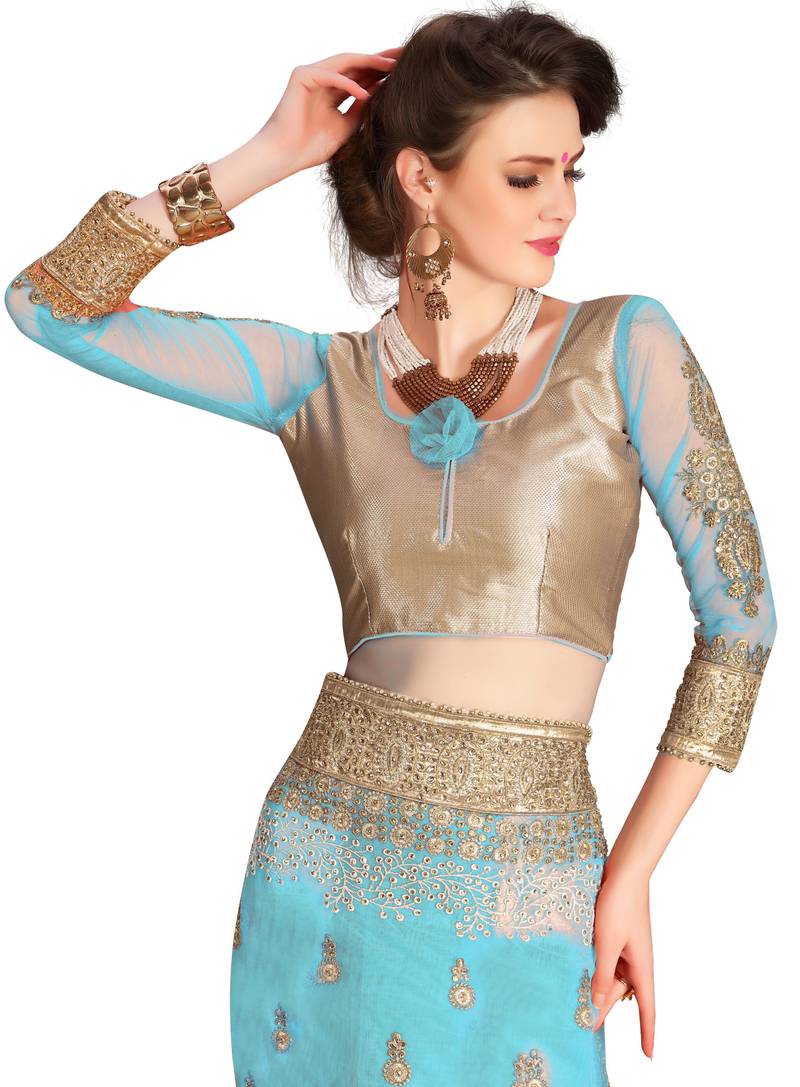 Trendmalls Womens Sky Blue Net Heavy Embroidery work Party Wear Saree With Blouse
