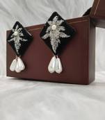 SHADES Chikankari Velvet black earings with grey embroidery and white pearls