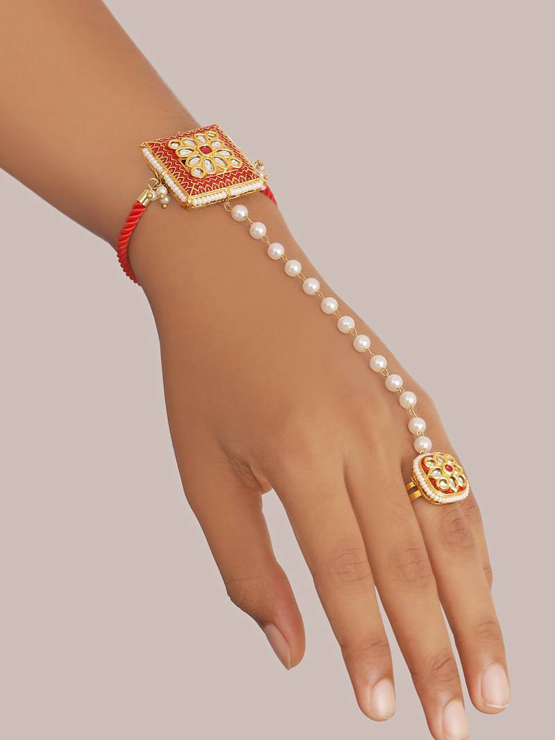 Kundan like stone Red Hathphool Rakhi