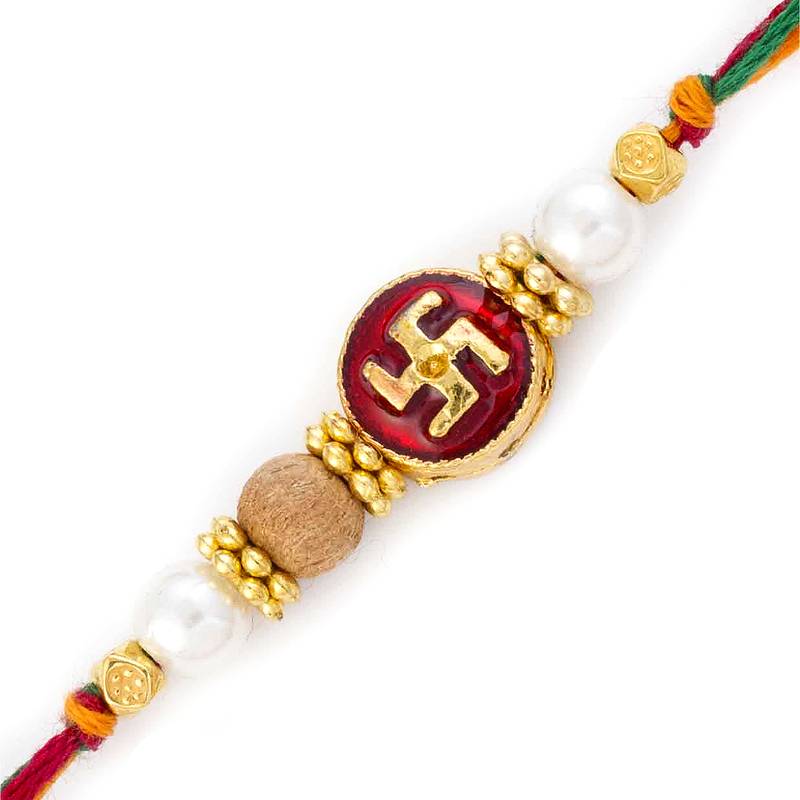 Aapno Rajasthan White Pearl & Golden Beads Swastik Motif Rakhi