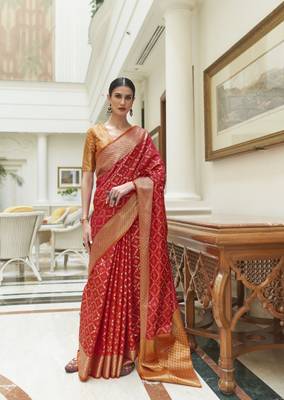Red Traditional Indian thread Weaving Patola Silk bland Saree With Boluse  1