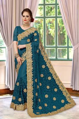Trendmalls Dark sky blue embroidered net Party Wear Saree With Blouse 1